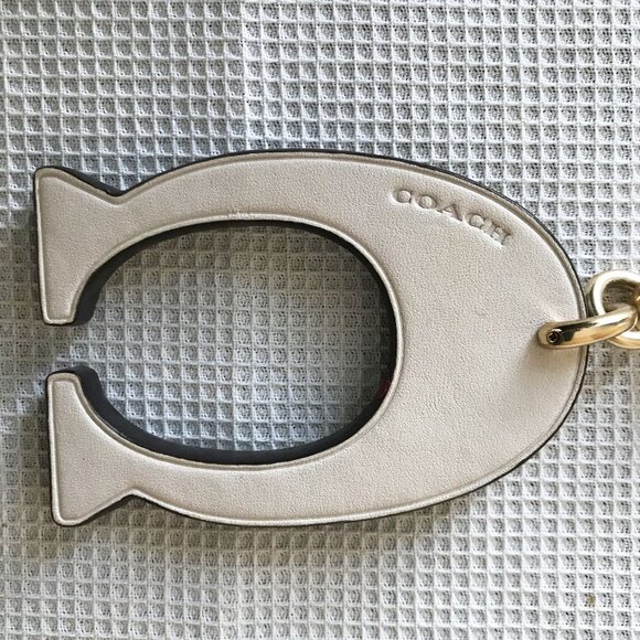 Coach Cream / Beige Leather C Keychain, Gold tone metal, Rhinestone Gem Accents - Picture 5 of 6